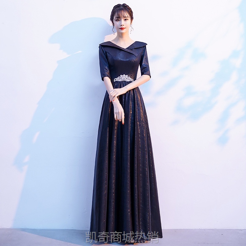 大合唱演出礼服女黑色长裙气质修身红歌合唱团主持人独唱舞台表演