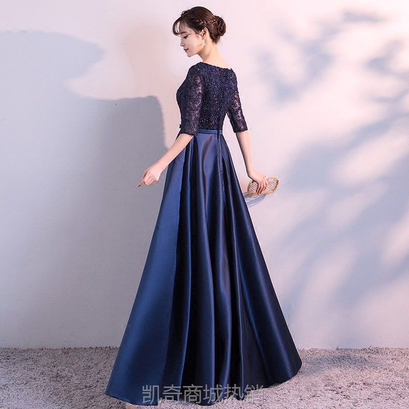 长款大合唱宴会晚礼服2023新款夏季优雅端庄藏青色礼服连衣裙毕业