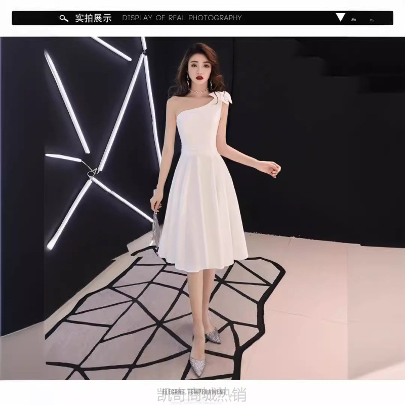 白色单肩晚礼服女小个子气质高端轻奢小众法式洋装连衣裙平时可穿