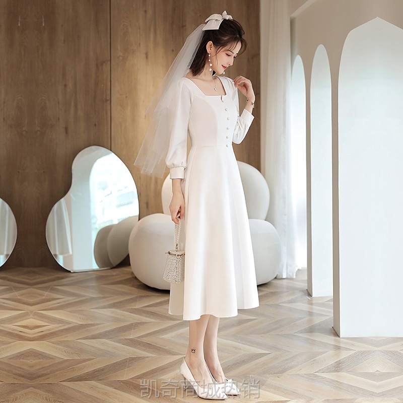 法式小白裙领证秋冬长袖登记缎面小个子冬轻婚纱礼服订婚连衣裙女