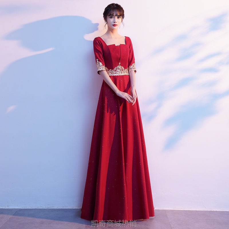 现代大合唱团演出服女端庄大气酒红色合唱队比赛表演服装修身礼服