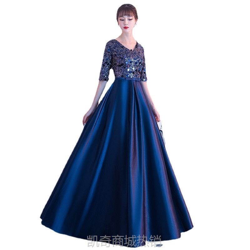 金色礼服女2023新款大合唱团演出主持人礼服长裙红歌合唱比赛服装