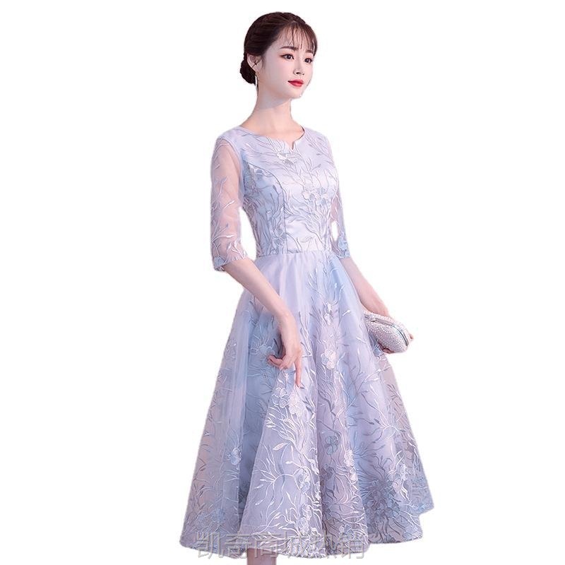 小个子晚礼服女宴会气质平时可穿简单大方中长款灰色晚礼服连衣裙