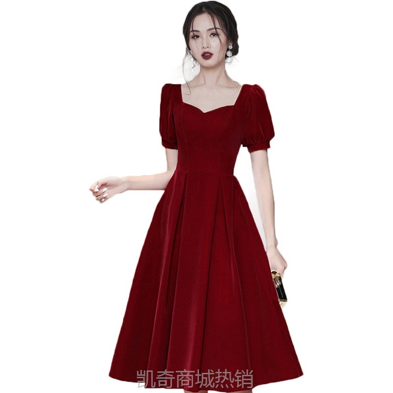 敬酒服新娘平时可穿夏季结婚礼服酒红色回门订婚显瘦丝绒连衣裙女