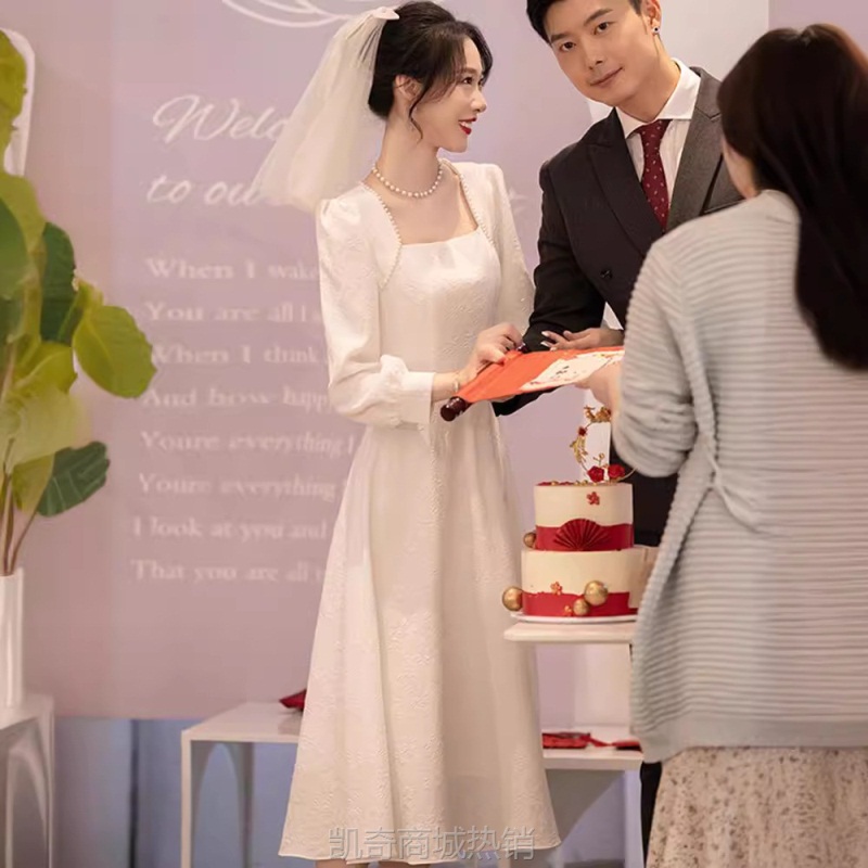 白色礼服领证结婚登记照小白裙订婚连衣裙女高级感年会晚宴小个子