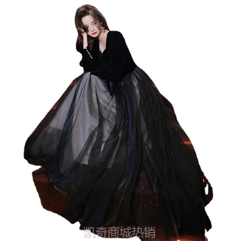 黑色晚礼服女2023新款气质名媛主持人年会连衣裙艺考优雅长袖