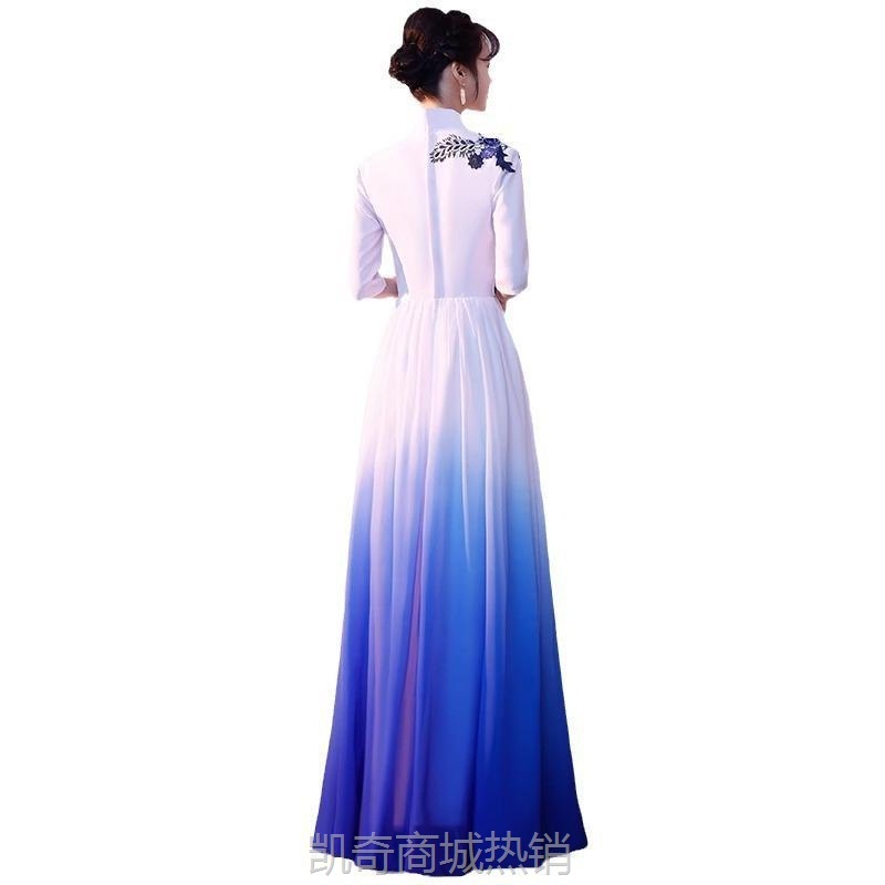 蓝色红歌演出服大合唱服朗诵比赛表演指挥服长裙秋冬主持人礼服裙