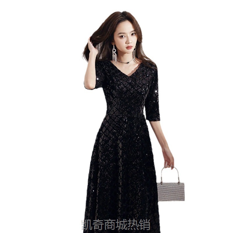 黑色晚礼服女高级感亮片大气礼服裙轻奢小众高端长款宴会主持演出