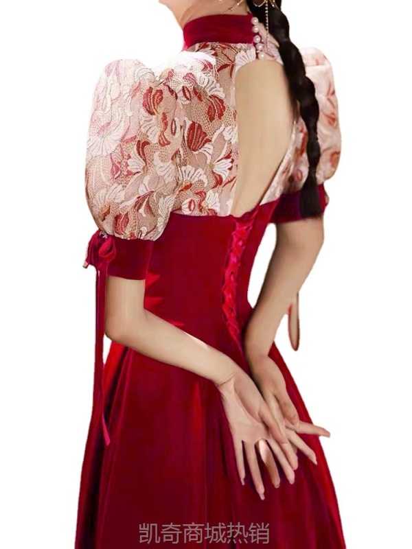中式旗袍敬酒服新娘酒红色结婚礼服订婚连衣裙长款平时可穿