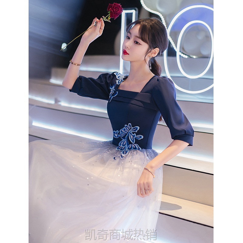 晚礼服女2022新款轻奢小众主持人合唱演出服成人独唱蓝色
