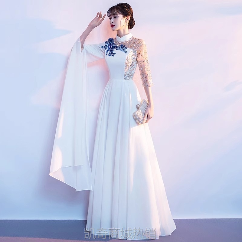 大合唱演出服女长裙成人白色独唱比赛诗朗诵古筝古风礼服2024新款