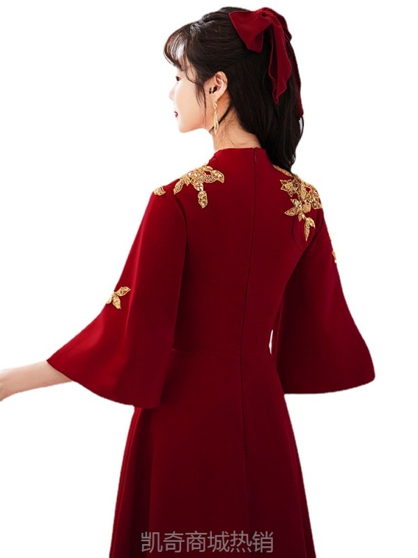 敬酒服新娘夏季小个子酒红色结婚订婚礼服女回门便装连衣裙
