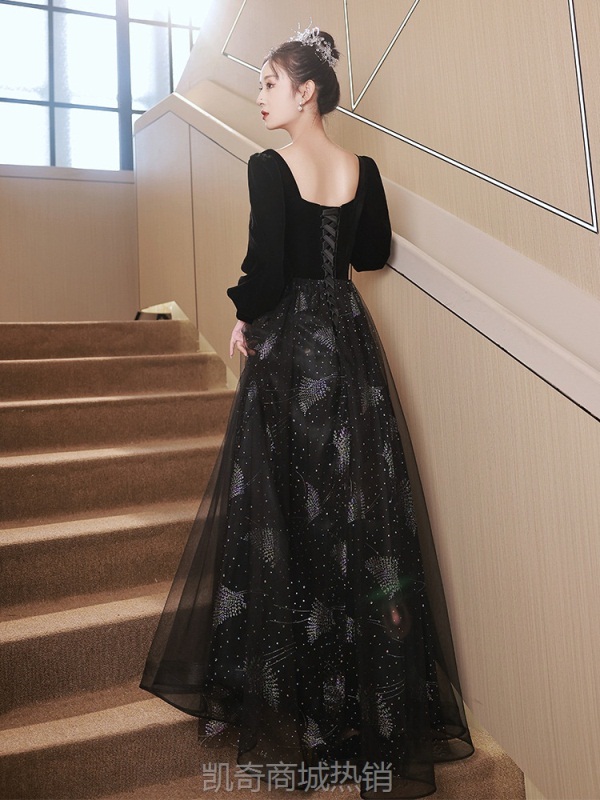 黑色晚礼服裙女2022新款年会轻奢小众长袖声乐艺考合唱团礼服