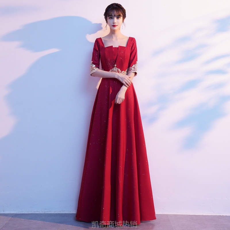 现代大合唱团演出服女端庄大气酒红色合唱队比赛表演服装修身礼服