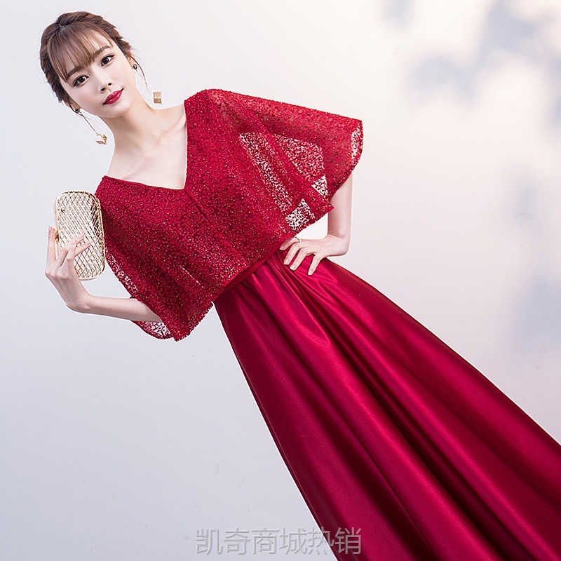 长款宴会年会大合唱演出晚礼服裙2023新款天蓝色飞飞袖修身显瘦女