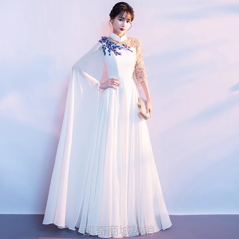 大合唱演出服女长裙成人白色独唱比赛诗朗诵古筝古风礼服2024新款