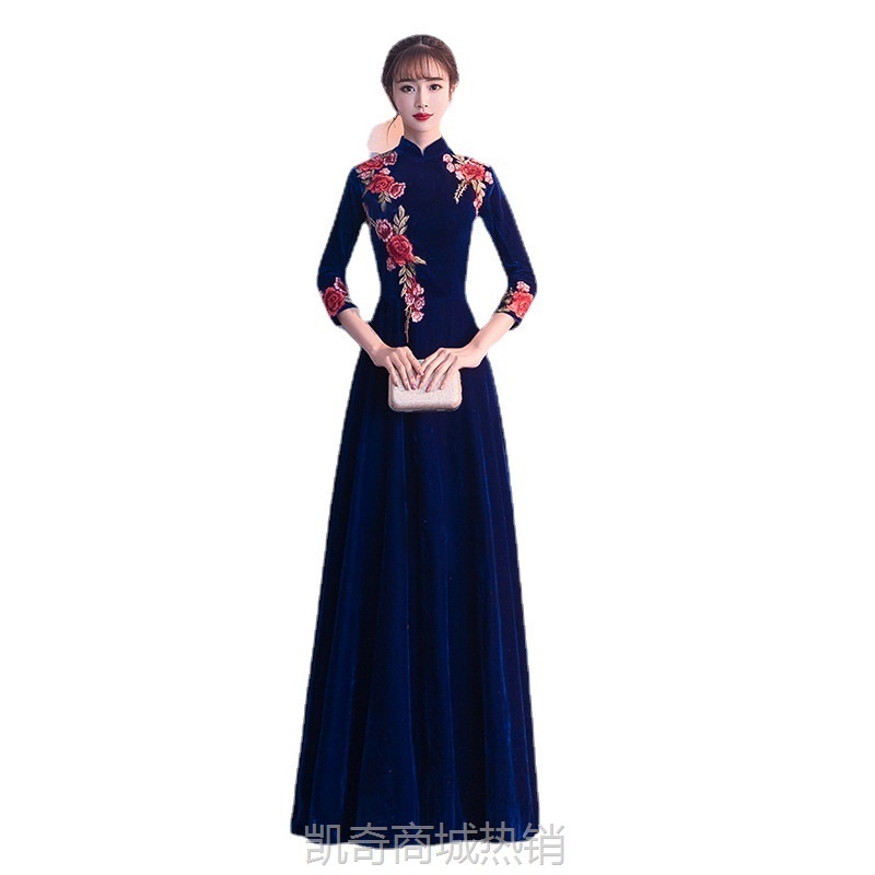 合唱演出服女长裙2023新款模特走秀旗袍主持人朗诵表演合唱团礼服