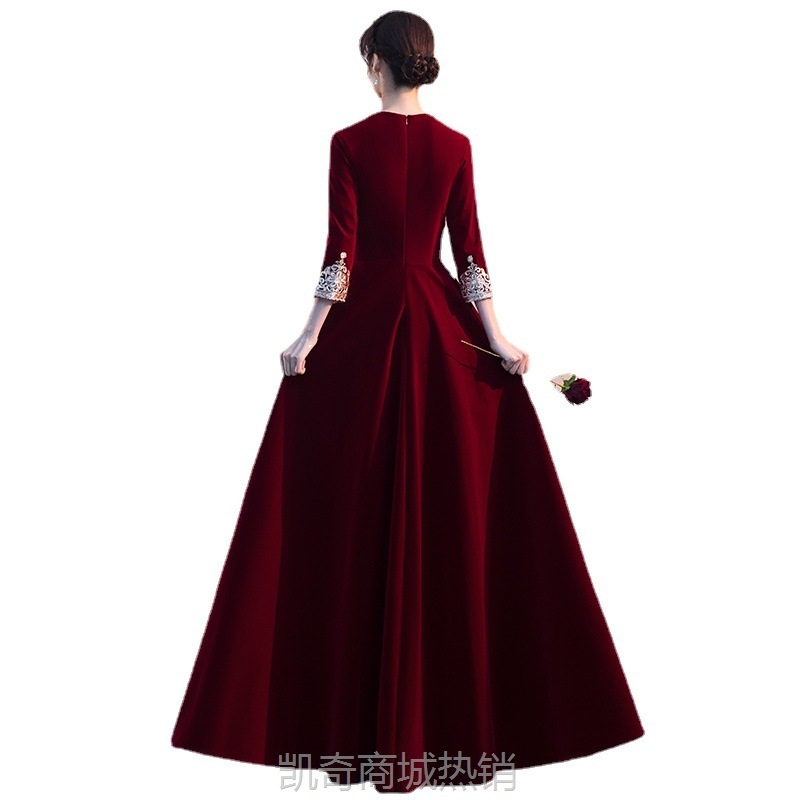 敬酒服新娘2022新款结婚红色丝绒长袖长款中式回门晚礼服裙秋冬季