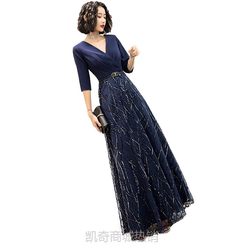 晚礼服女2023秋季新款气质端庄蓝色长款宴会年会大码主持人连衣裙