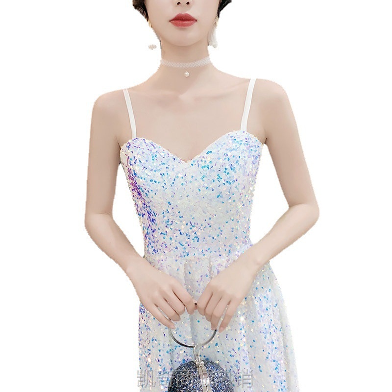 白色超仙气质长款生日礼服裙女2024年新款吊带亮片派对宴会连衣裙