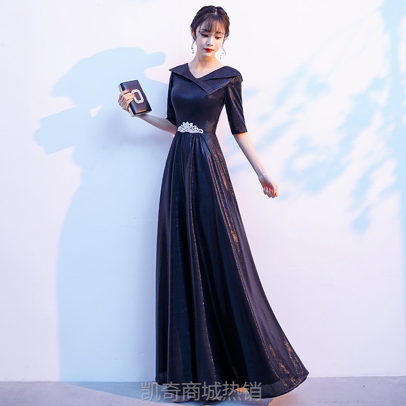 大合唱演出礼服女黑色长裙气质修身红歌合唱团主持人独唱舞台表演