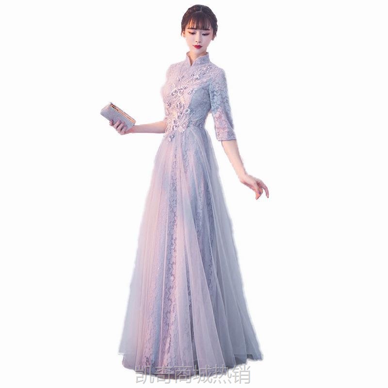 烟灰色中式宴会晚礼服女2022新款秋季年会礼服裙端庄大气修身长款