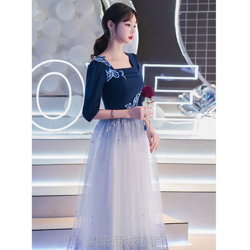晚礼服女2022新款轻奢小众主持人合唱演出服成人独唱蓝色