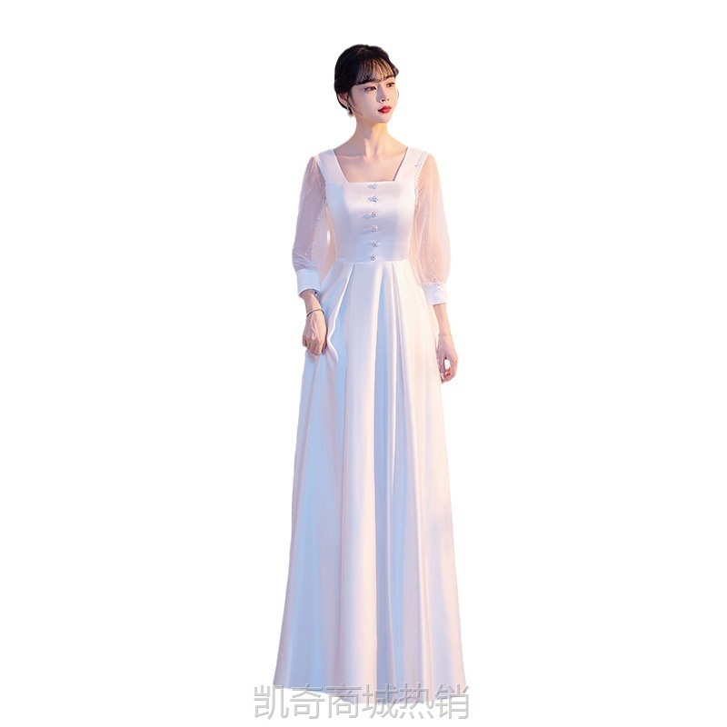 大合唱团演出服女长裙2024新款主持人礼服优雅宴会白色缎面晚礼服