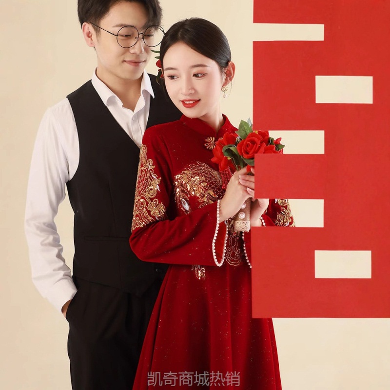 旗袍敬酒服中式婚礼新娘便装回门订婚红色结婚礼服女长袖酒红色秋
