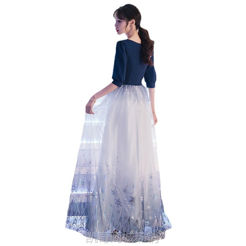 晚礼服女2022新款轻奢小众主持人合唱演出服成人独唱蓝色