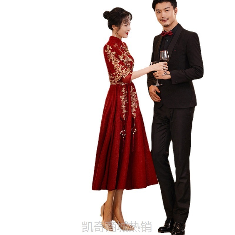 中式敬酒服旗袍酒红色结婚当天新娘便装孕妇礼服女小个子订婚回门