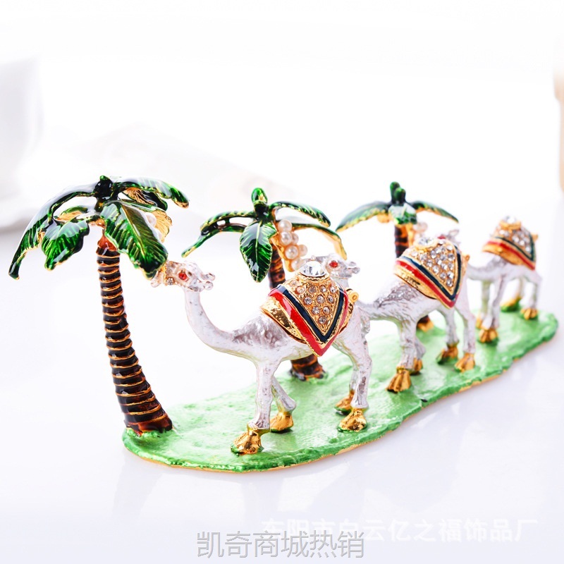 新疆椰树骆驼三件套金属首饰盒骆驼摆件跨境供货热卖款珐琅彩