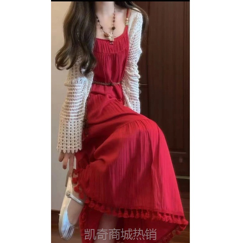 夏季款民族风复古流苏酒红色吊带连衣裙云南新疆西藏旅游度假长裙