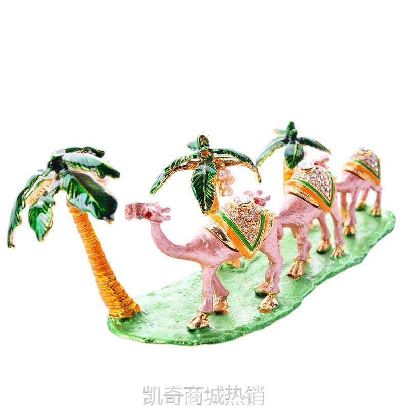 新疆椰树骆驼三件套金属首饰盒骆驼摆件跨境供货热卖款珐琅彩