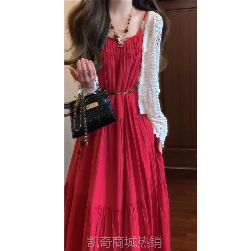 夏季款民族风复古流苏酒红色吊带连衣裙云南新疆西藏旅游度假长裙