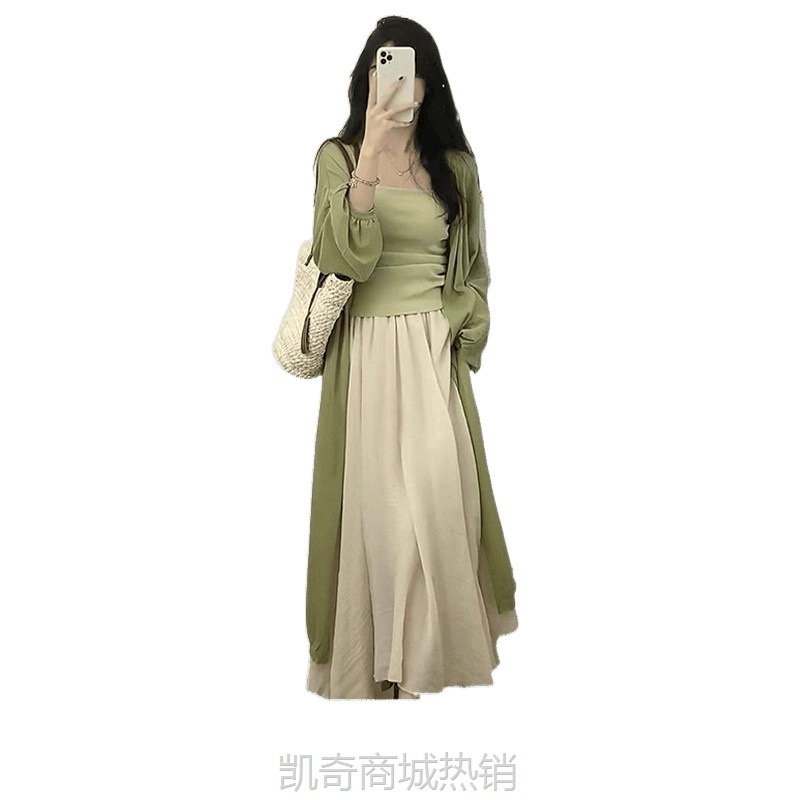 新中式套装长袖吊带连衣裙子女夏季海边度假长裙秋装云南旅游穿驰