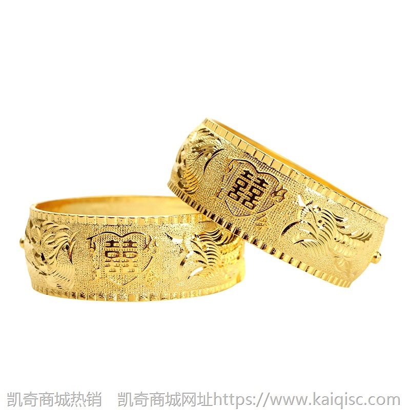 新款仿真龙凤手镯女新娘结婚仿金双喜手镯铜镀金镯子沙金婚庆首饰
