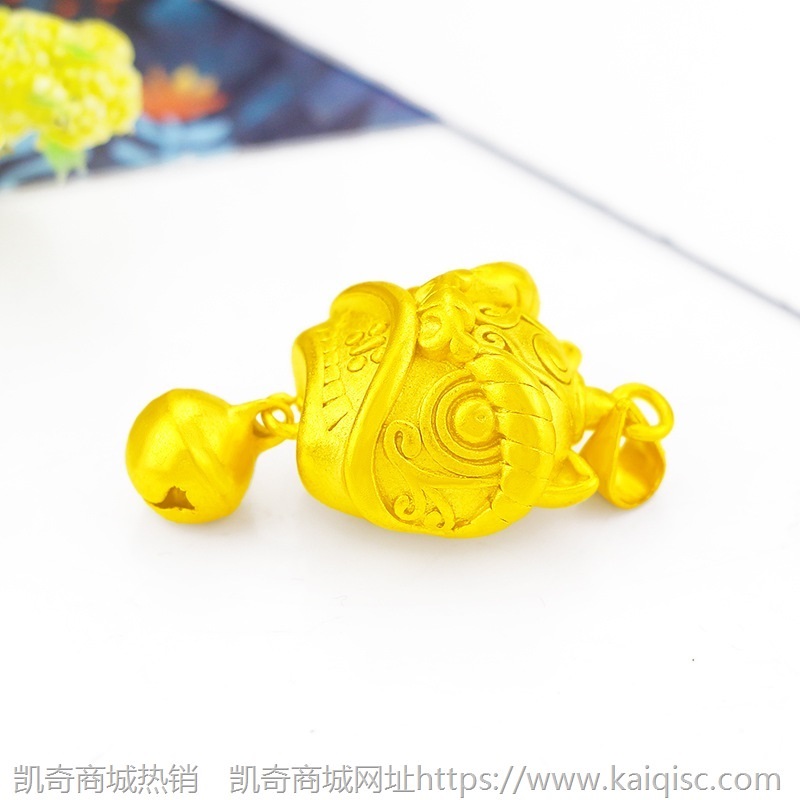 国潮3D硬金醒狮沙金吊坠 铃铛串珠镀金实心转运珠diy项链配件饰品