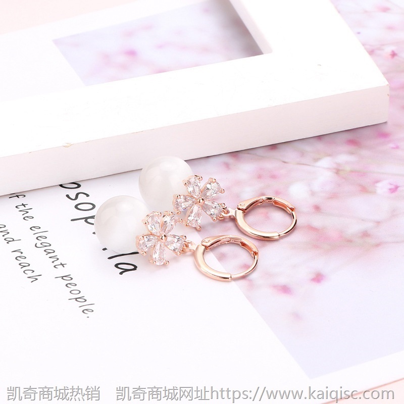 爆款韩版锆石花朵水晶耳环女个性镶钻耳饰简约清新气质猫眼石耳坠