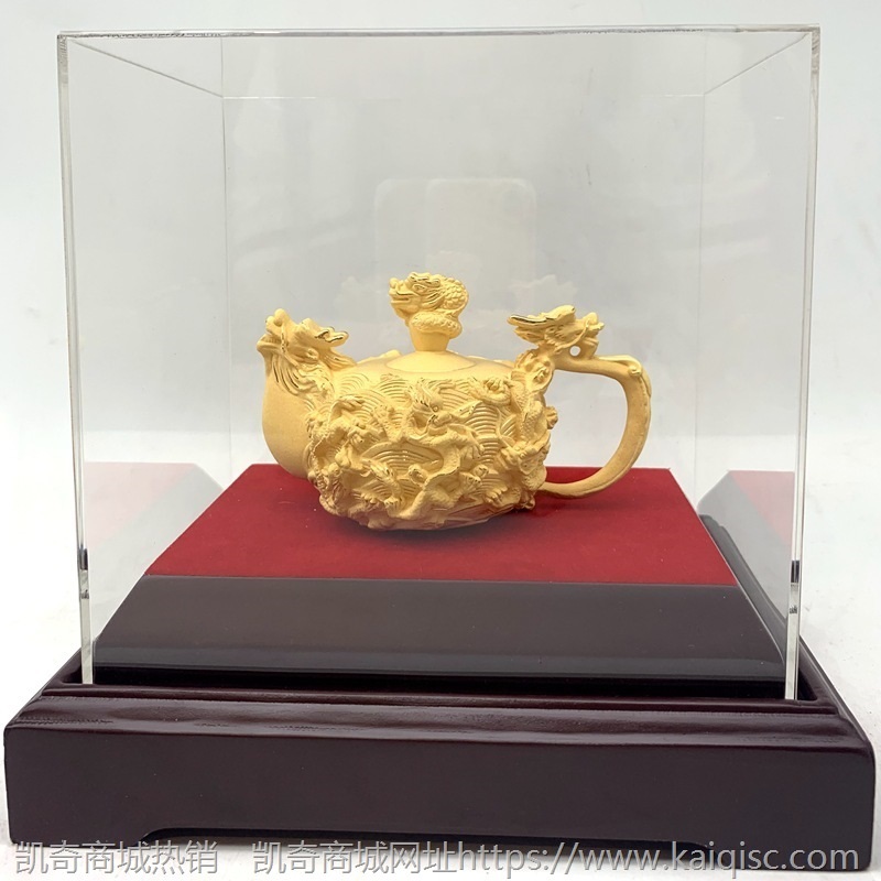 龙纹茶壶摆件 绒沙金工艺品 家居办公桌茶几装饰品中式茶宠小礼品