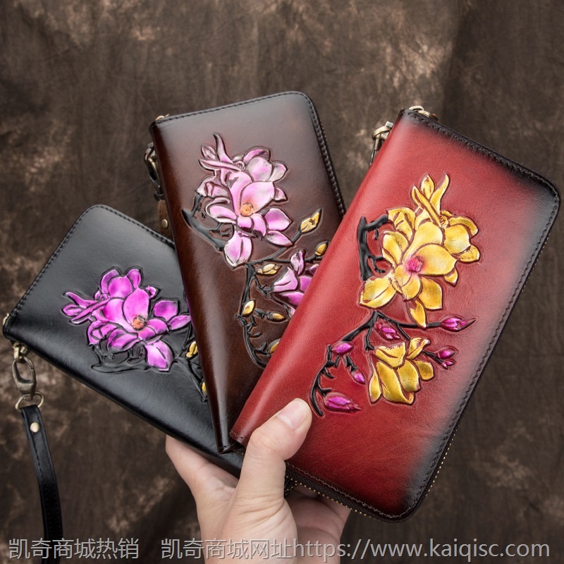 新款女士钱包女长款手工擦色大容量牛皮拉链女款凯奇手拿包钱夹潮