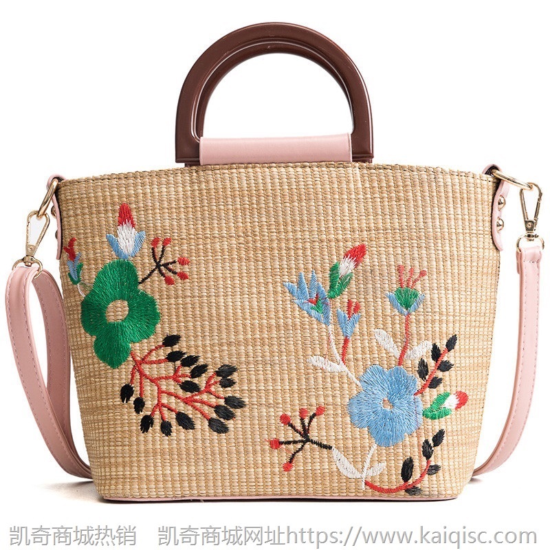 草编包包女2018夏季新款绣花编织手提女包时尚手提花朵单肩斜跨包