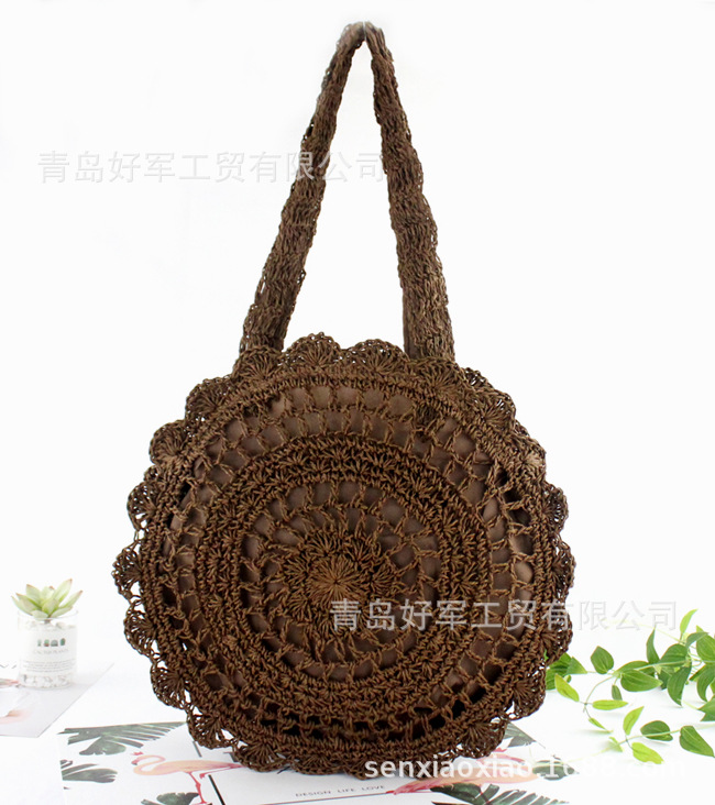 厂价ins新款圆形时尚纸绳钩针草编包单肩休闲沙滩包编织包女包