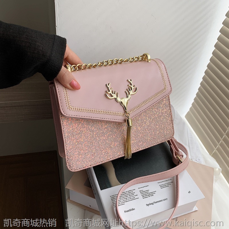 一鹿有你流苏锁扣包包2021流行时尚磨砂亮片女包单肩斜挎手提包包