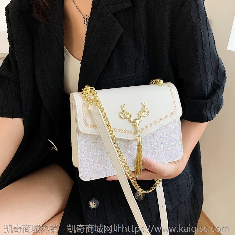 一鹿有你流苏锁扣包包2021流行时尚磨砂亮片女包单肩斜挎手提包包