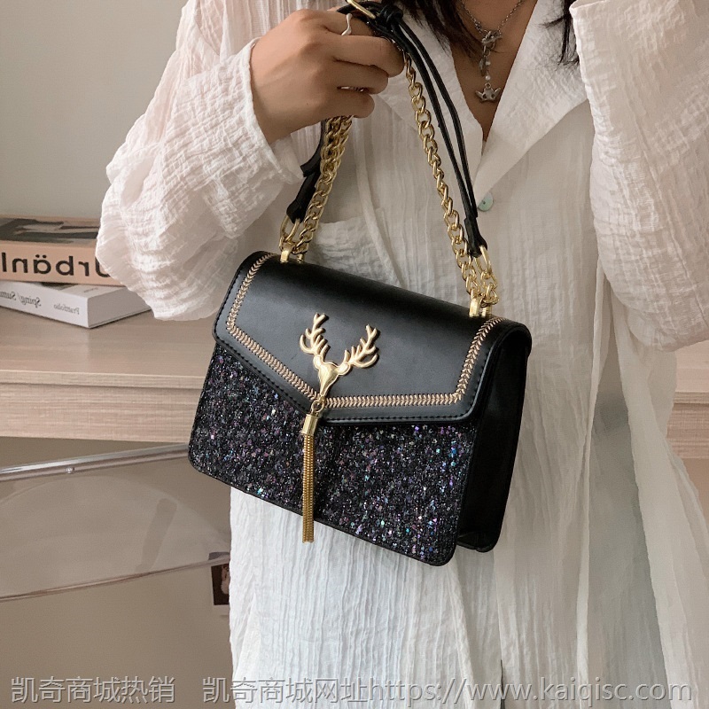 一鹿有你流苏锁扣包包2021流行时尚磨砂亮片女包单肩斜挎手提包包