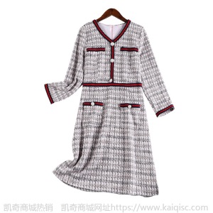 2021春装大码女装名媛气质长袖小香风连衣裙微胖妹妹mma字裙10797