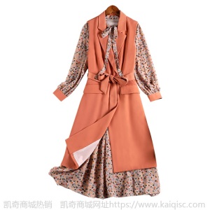 岚沐坊大码女装雪纺连衣裙套装2021春微胖妹妹m显瘦马甲外套70147