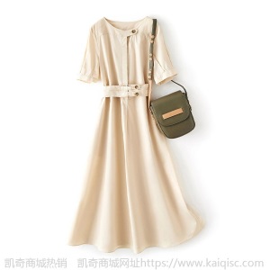 海谧连衣裙女2021夏季新款时尚气质纯色纽扣装饰腰带宽松显瘦裙子