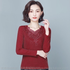 加绒/不加绒网纱V领打底衫女秋冬季新款加绒加厚保暖t恤蕾丝上衣